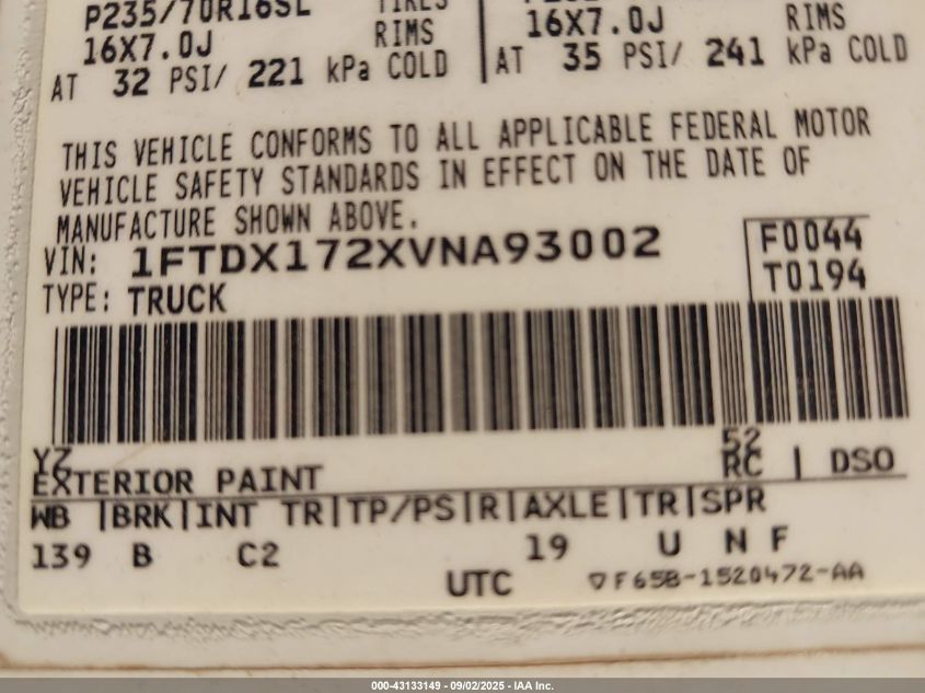 1997 Ford F-150 Standard/Xl/Xlt VIN: 1FTDX172XVNA93002 Lot: 43133149