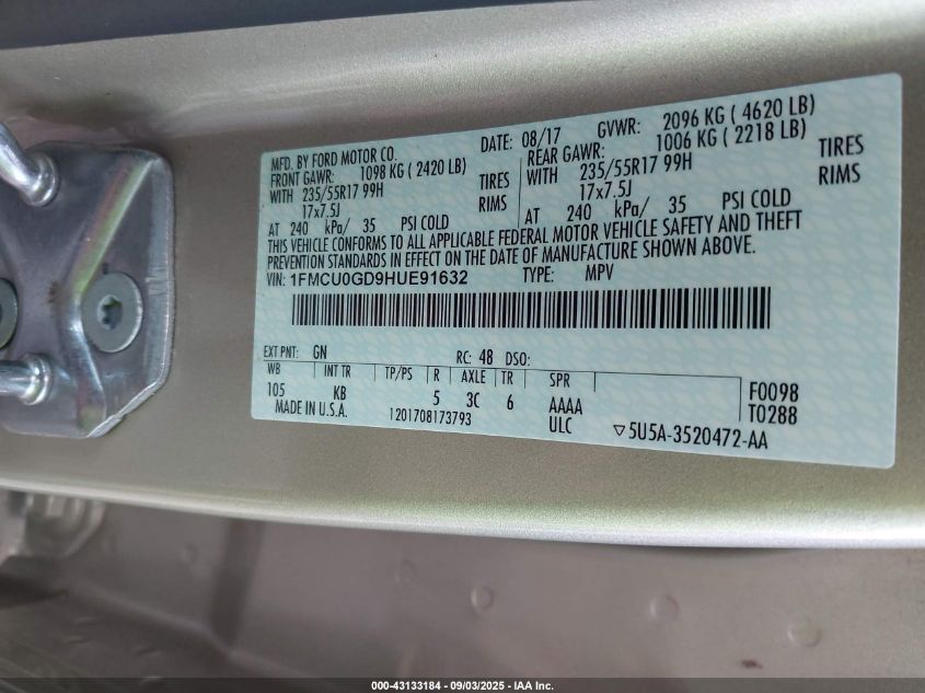 2017 Ford Escape Se VIN: 1FMCU0GD9HUE91632 Lot: 43133184