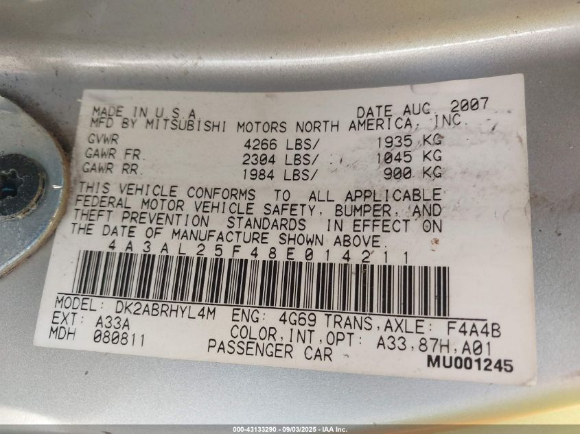 2008 Mitsubishi Eclipse Spyder Gs VIN: 4A3AL25F48E014211 Lot: 43133290