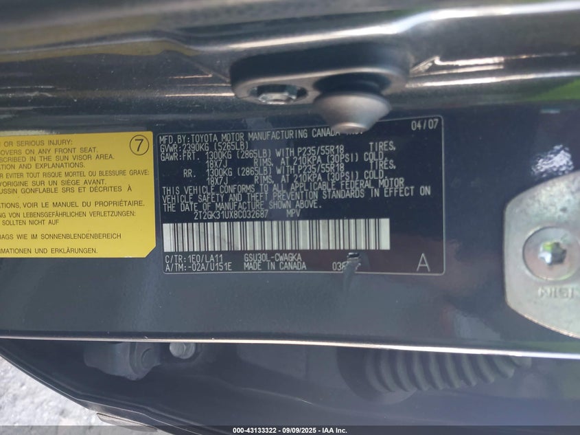 2008 Lexus Rx 350 VIN: 2T2GK31UX8C032687 Lot: 43133322