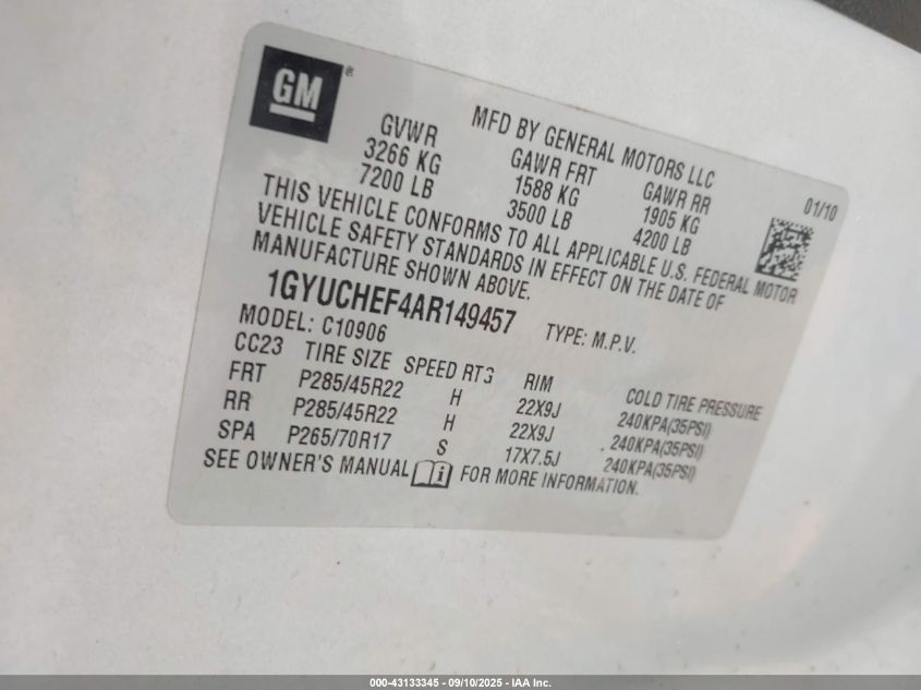 2010 Cadillac Escalade Esv Luxury VIN: 1GYUCHEF4AR149457 Lot: 43133345