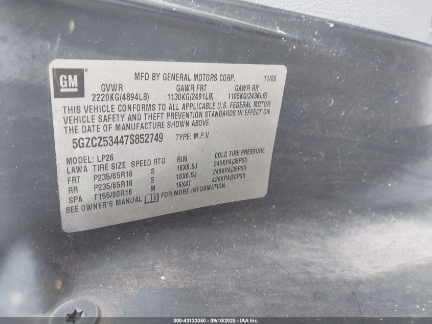 2007 Saturn Vue V6 VIN: 5GZCZ53447S852749 Lot: 43133350