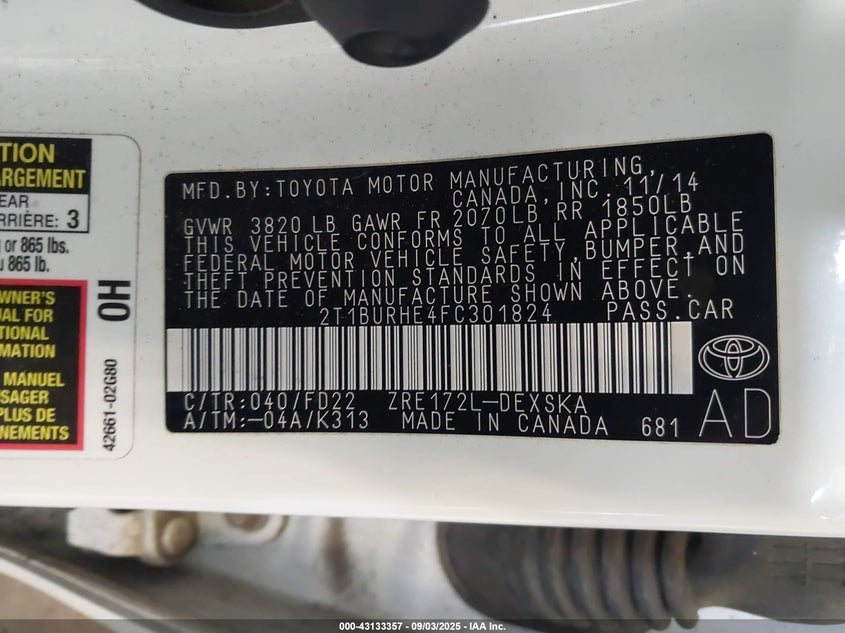 2015 TOYOTA COROLLA S PLUS - 2T1BURHE4FC301824