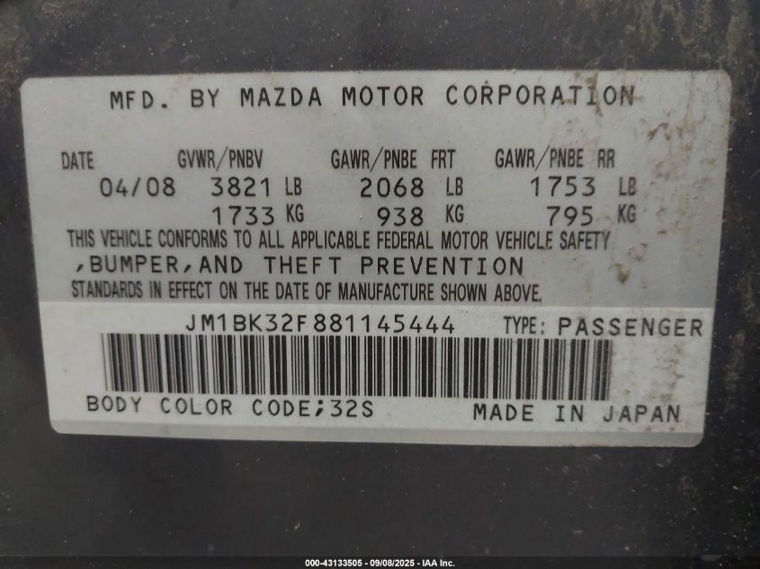 2008 Mazda Mazda3 I Touring Value VIN: JM1BK32F881145444 Lot: 43133505