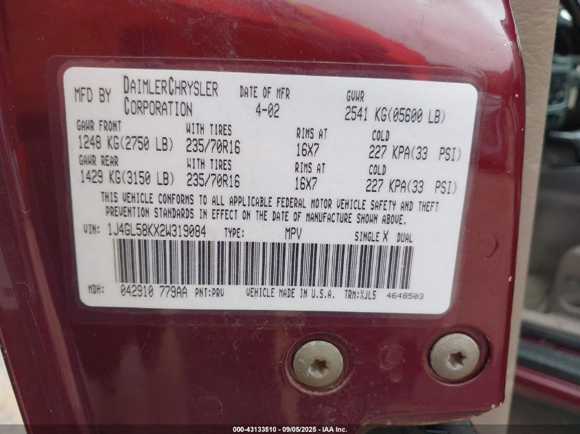 2002 Jeep Liberty Limited Edition VIN: 1J4GL58KX2W319084 Lot: 43133510