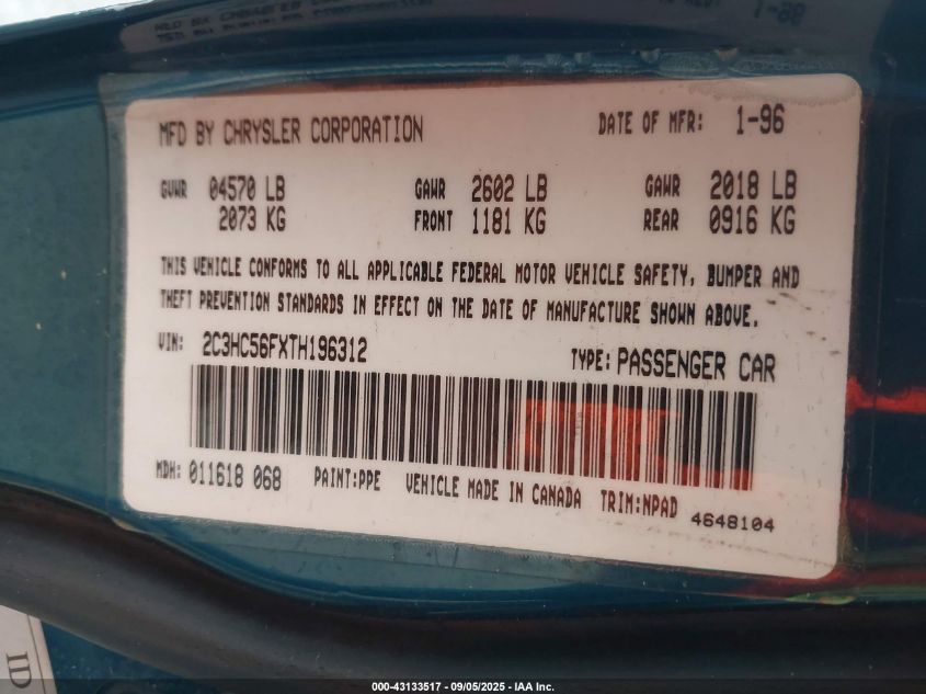 1996 Chrysler Lhs VIN: 2C3HC56FXTH196312 Lot: 43133517
