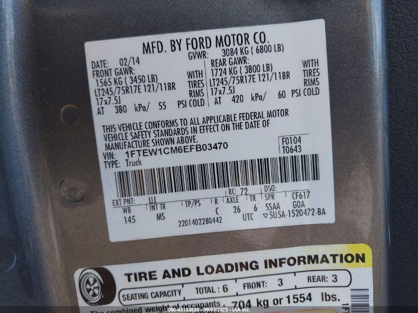 2014 Ford F-150 Xlt VIN: 1FTEW1CM6EFB03470 Lot: 43133520