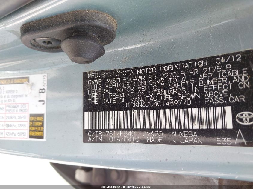 2012 Toyota Prius Two VIN: JTDKN3DU4C1489770 Lot: 43133551