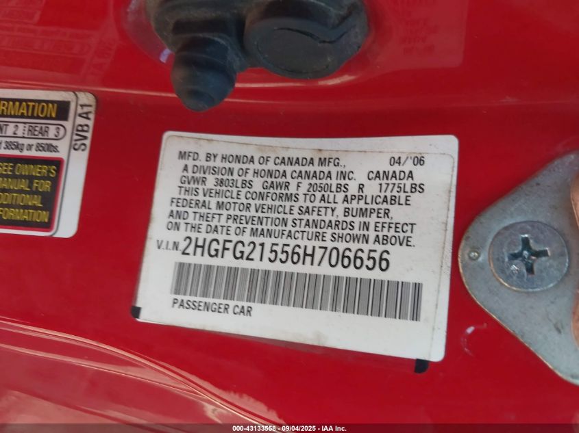 2006 Honda Civic Si VIN: 2HGFG21556H706656 Lot: 43133558