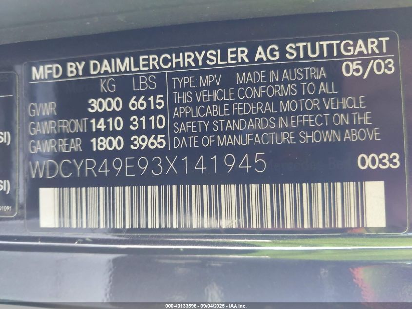 2003 Mercedes-Benz G 500 VIN: WDCYR49E93X141945 Lot: 43133598