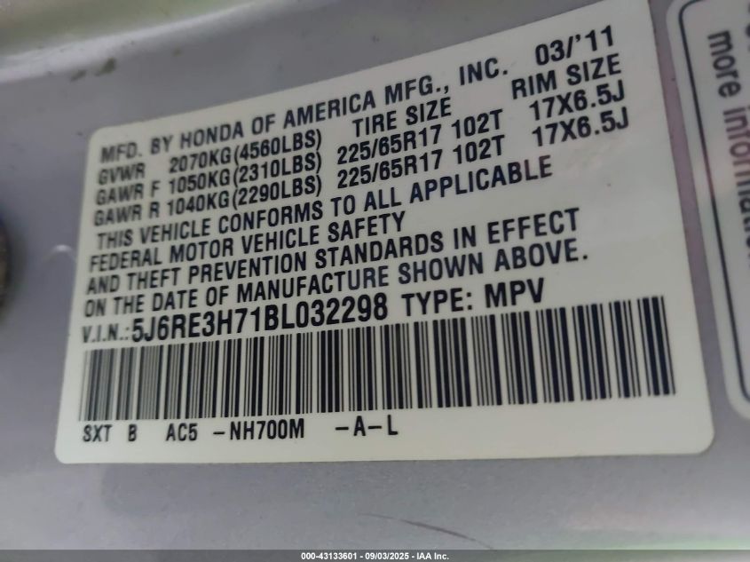 2011 Honda Cr-V Ex-L VIN: 5J6RE3H71BL032298 Lot: 43133601