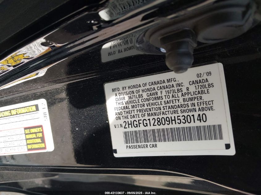 2009 Honda Civic Ex VIN: 2HGFG12809H530140 Lot: 43133637