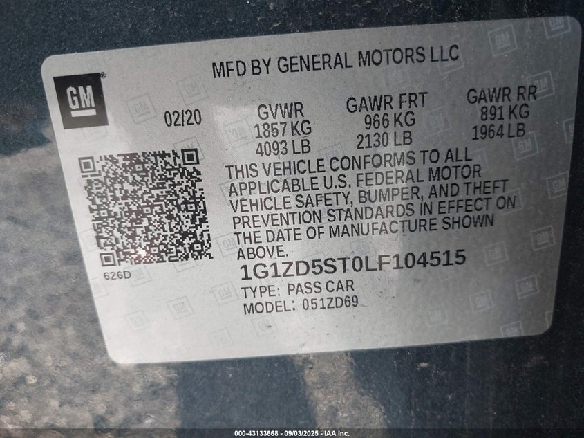 2020 CHEVROLET MALIBU FWD LT - 1G1ZD5ST0LF104515