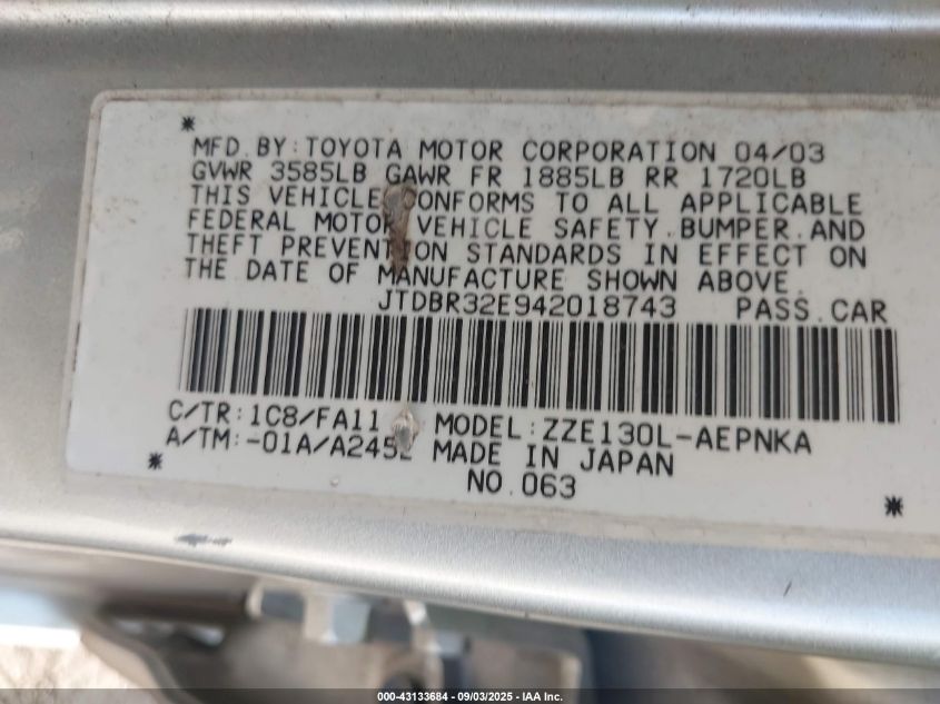 2004 Toyota Corolla Le VIN: JTDBR32E942018743 Lot: 43133684