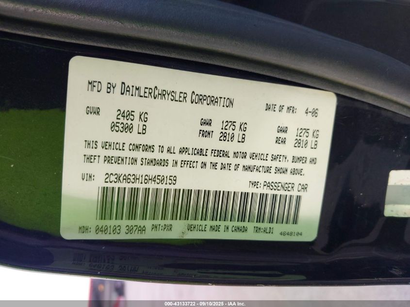 2006 Chrysler 300C VIN: 2C3KA63H16H450159 Lot: 43133722