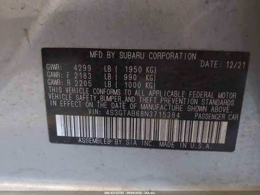 2022 Subaru Impreza Base 5-Door VIN: 4S3GTAB68N3715384 Lot: 43133783