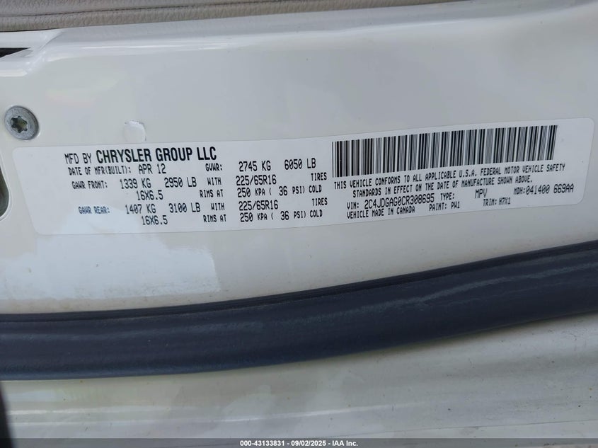 2012 Ram Cargo C/V VIN: 2C4JDGAG0CR308695 Lot: 43133831