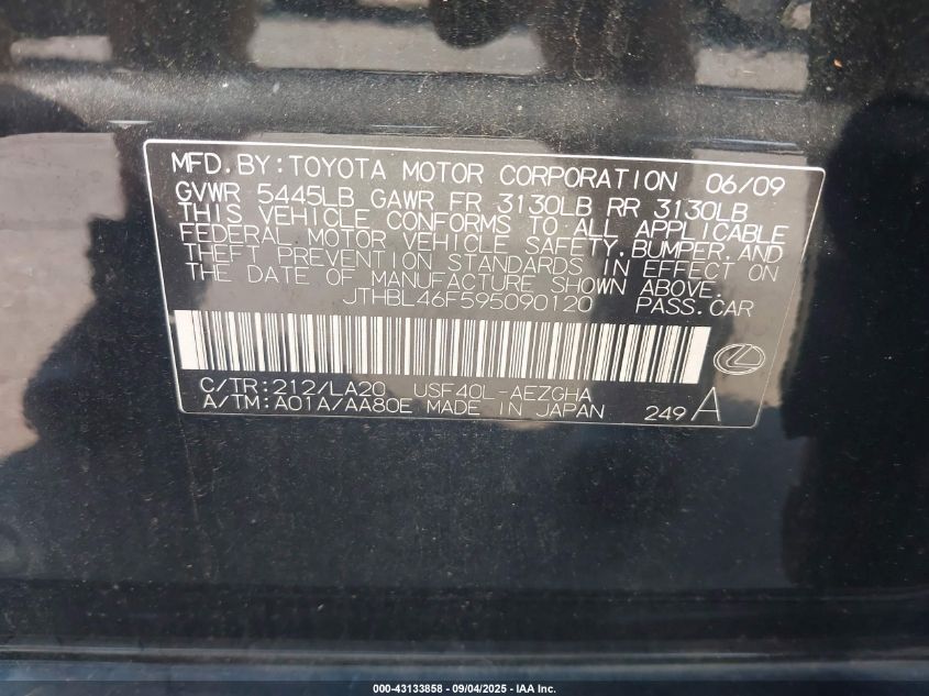 2009 Lexus Ls 460 VIN: JTHBL46F595090120 Lot: 43133858