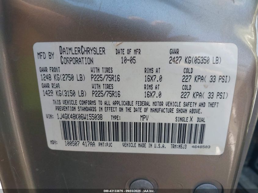 2006 Jeep Liberty Sport VIN: 1J4GK48K06W155038 Lot: 43133876