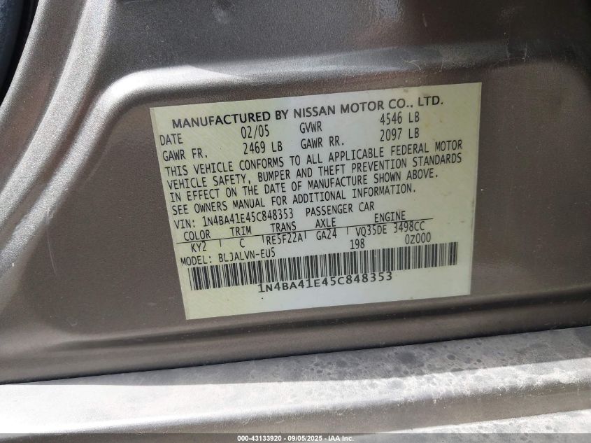 2005 Nissan Maxima 3.5 Sl VIN: 1N4BA41E45C848353 Lot: 43133920