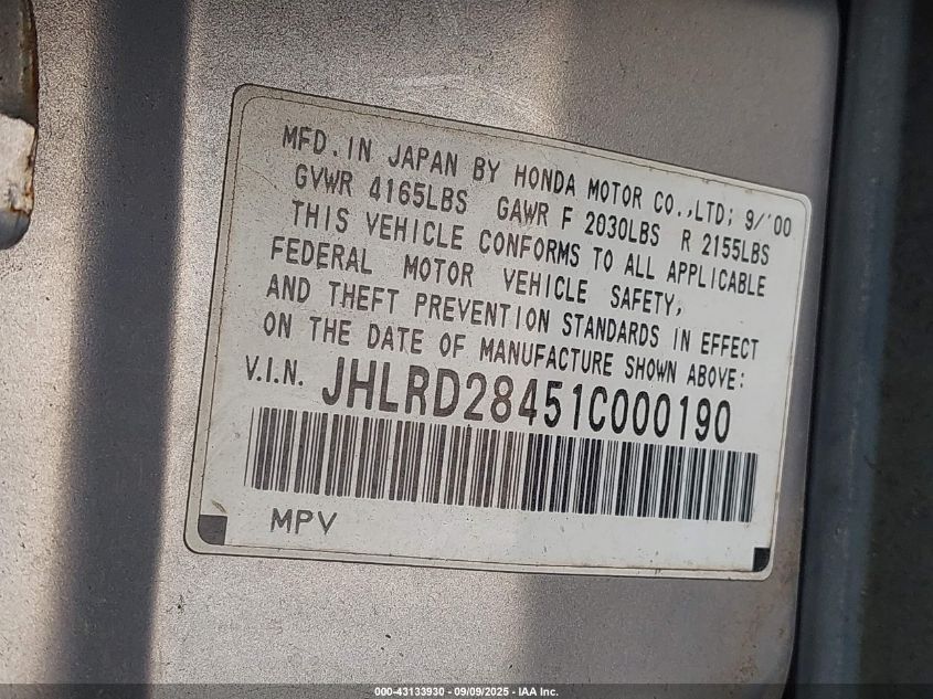 2001 Honda Cr-V Lx VIN: JHLRD28451C000190 Lot: 43133930