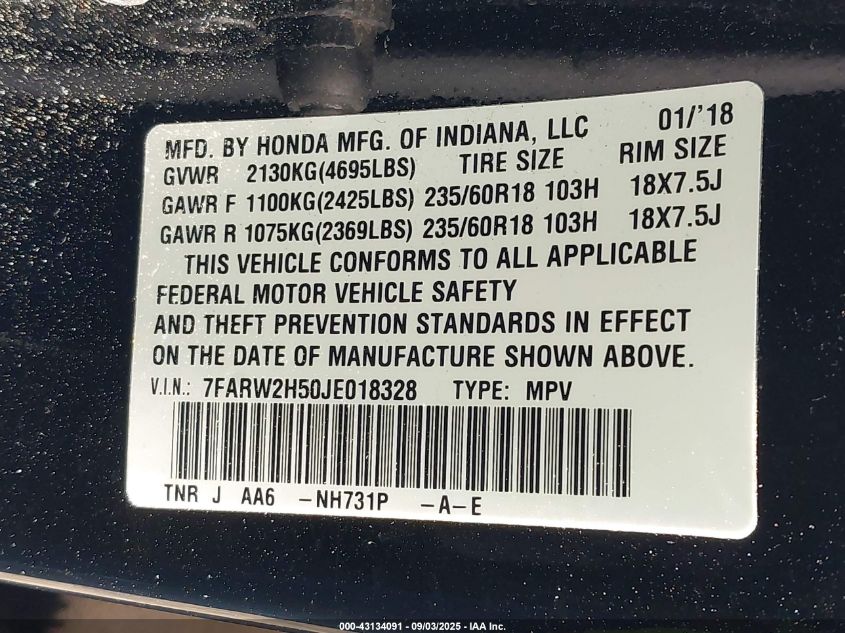 2018 Honda Cr-V Ex VIN: 7FARW2H50JE018328 Lot: 43134091