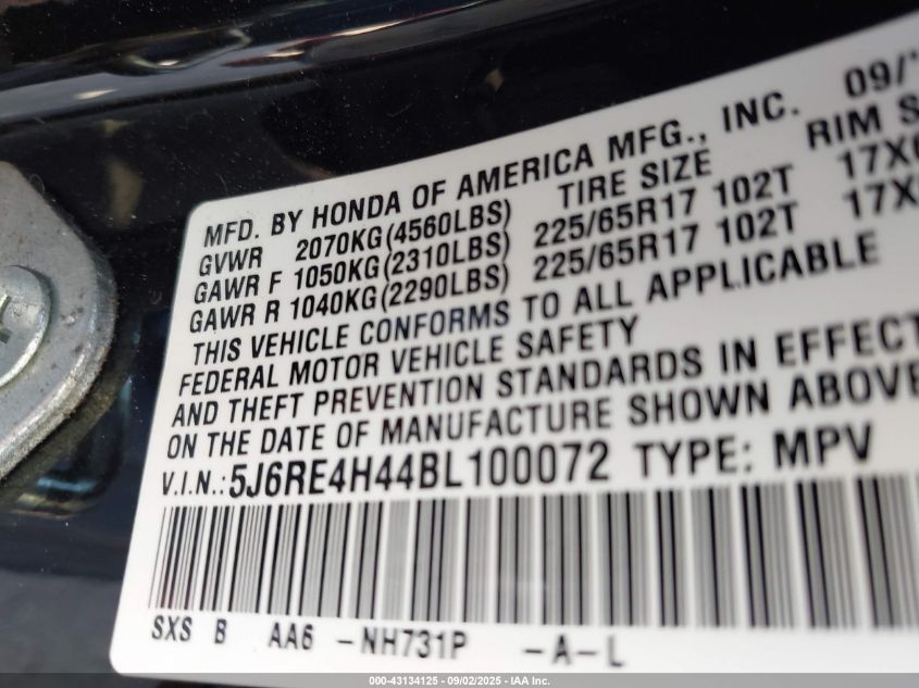 2011 Honda Cr-V Se VIN: 5J6RE4H44BL100072 Lot: 43134125