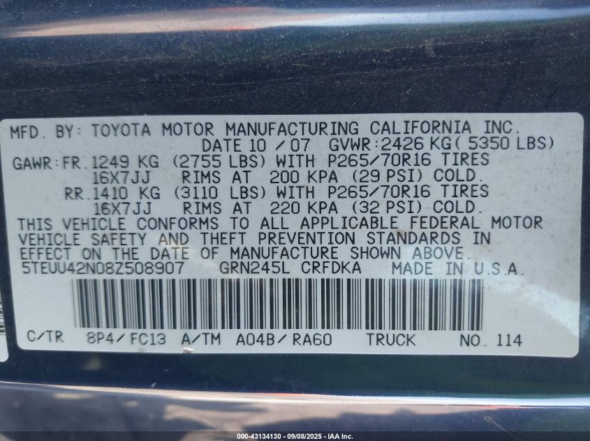 2008 Toyota Tacoma Base V6 VIN: 5TEUU42N08Z508907 Lot: 43134130