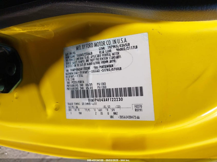 2004 Ford Mustang VIN: 1FAFP404X4F122230 Lot: 43134159