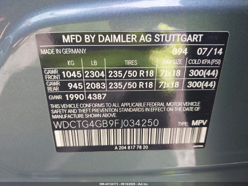 2015 Mercedes-Benz Gla 250 4Matic VIN: WDCTG4GB9FJ034250 Lot: 43134173