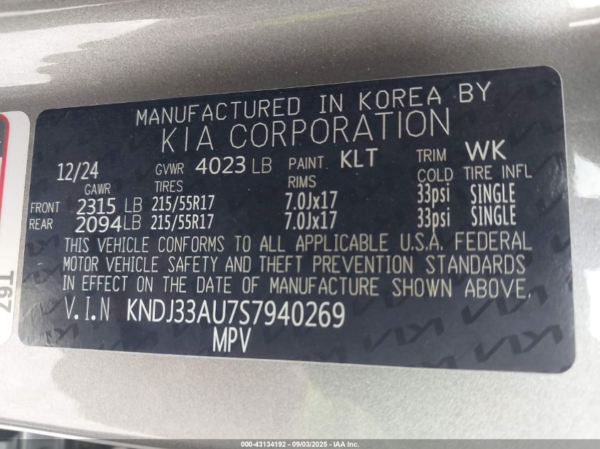 2025 Kia Soul Ex VIN: KNDJ33AU7S7940269 Lot: 43134192