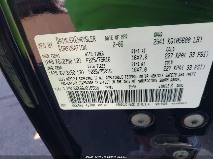 2006 Jeep Liberty Renegade VIN: 1J4GL38K06W218968 Lot: 43134207