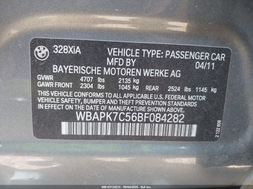 2011 BMW 328I xDrive VIN: WBAPK7C56BF084282 Lot: 43134233