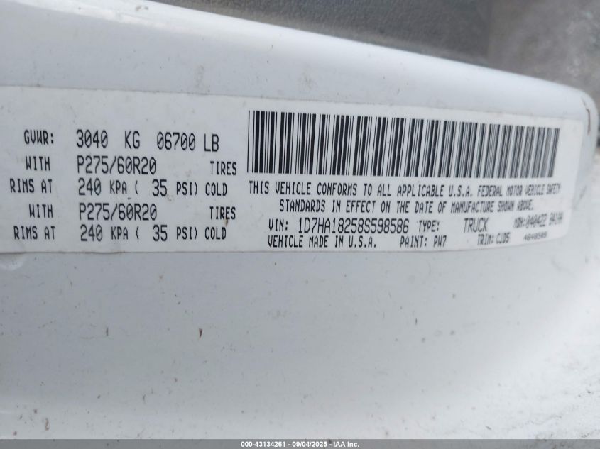 2008 Dodge Ram 1500 Slt VIN: 1D7HA18258S598586 Lot: 43134261