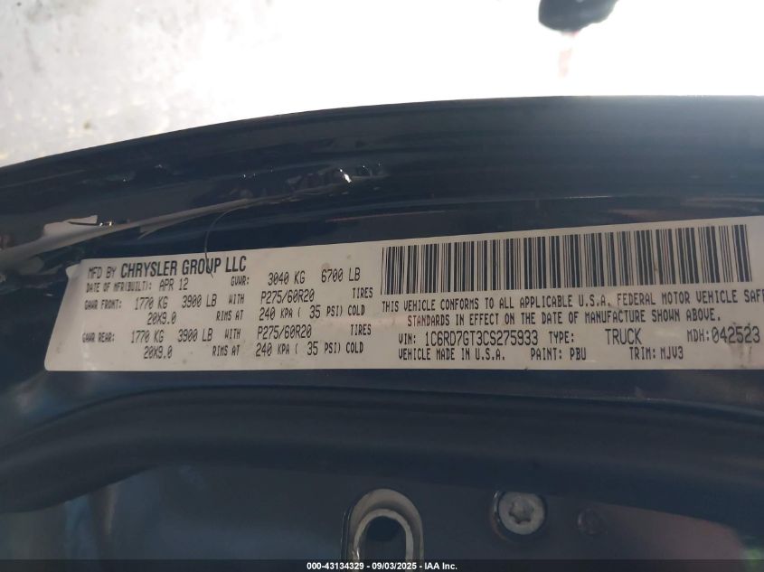 2012 Ram 1500 Slt VIN: 1C6RD7GT3CS275933 Lot: 43134329