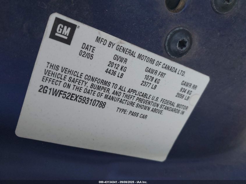 2005 Chevrolet Impala VIN: 2G1WF52EX59310788 Lot: 43134341