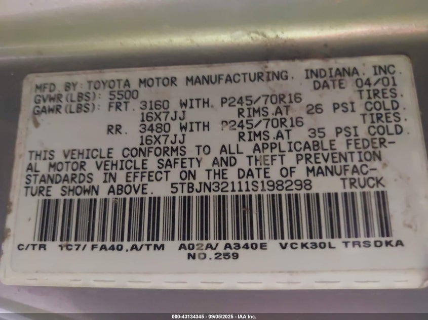 2001 Toyota Tundra VIN: 5TBJN32111S198298 Lot: 43134345