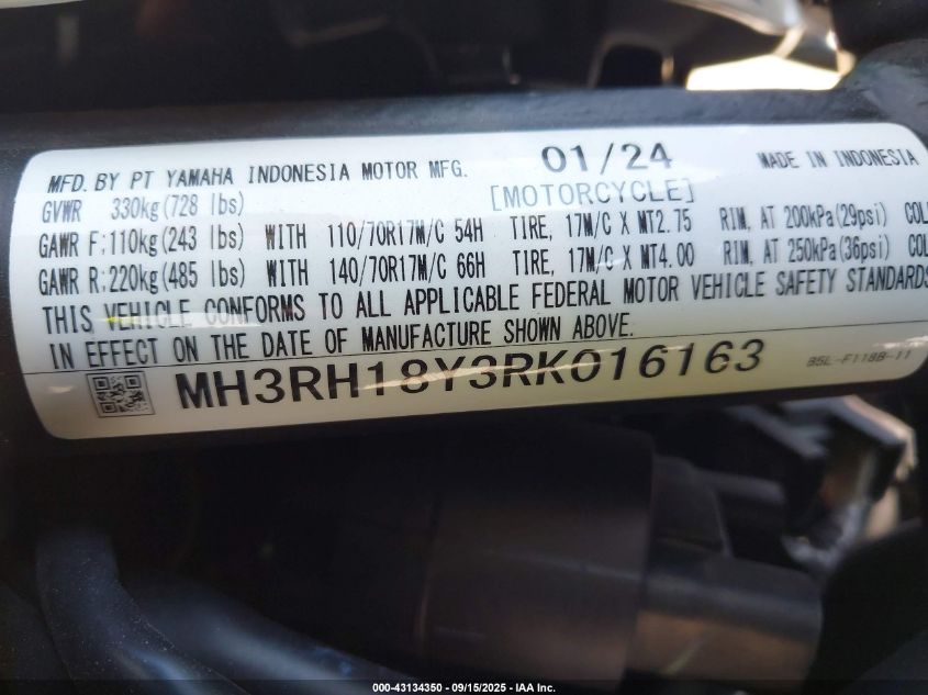 2024 Yamaha Yzfr3 A VIN: MH3RH18Y3RK016163 Lot: 43134350