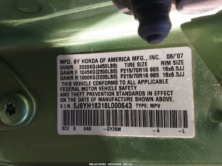 2008 Honda Element Lx VIN: 5J6YH18318L000643 Lot: 43134352