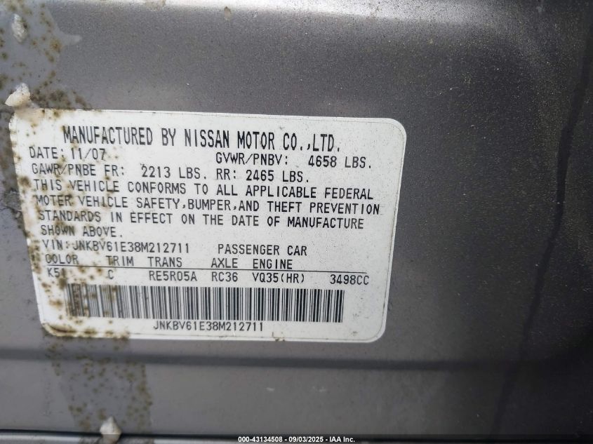 2008 Infiniti G35 Journey VIN: JNKBV61E38M212711 Lot: 43134508