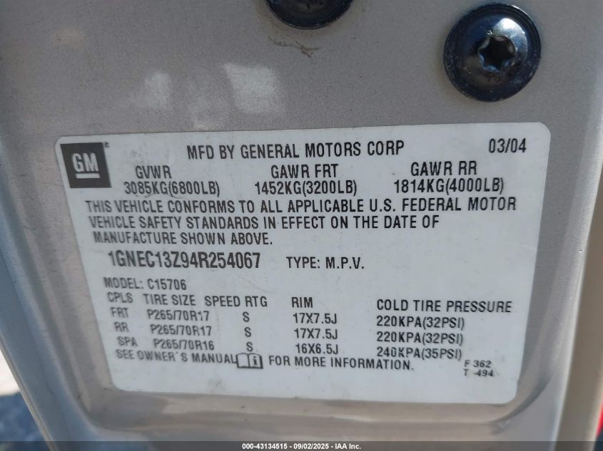 2004 Chevrolet Tahoe Lt VIN: 1GNEC13Z94R254067 Lot: 43134515