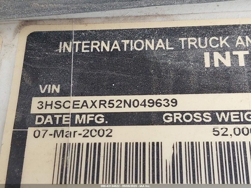 2002 International 9200 9200I VIN: 3HSCEAXR52N049639 Lot: 43134522