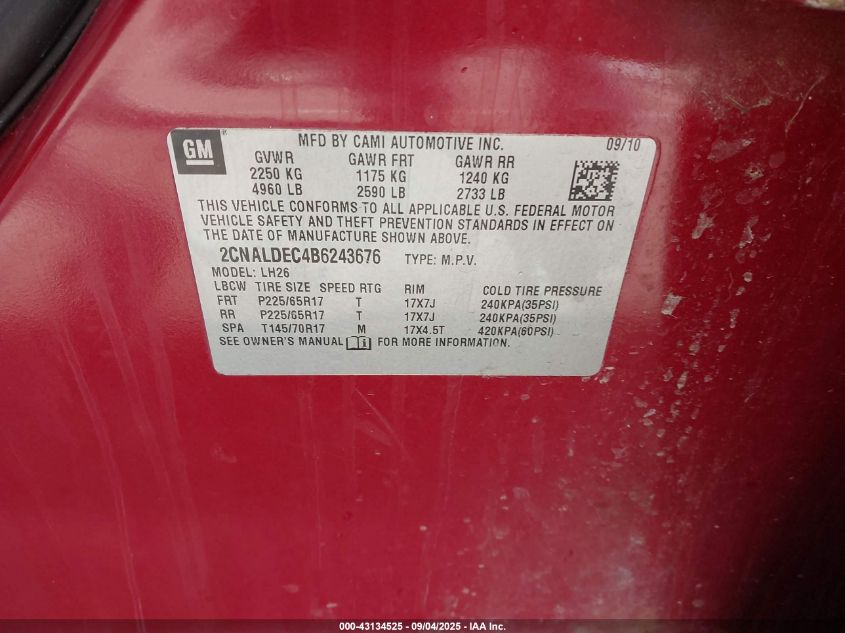 2011 Chevrolet Equinox 1Lt VIN: 2CNALDEC4B6243676 Lot: 43134525