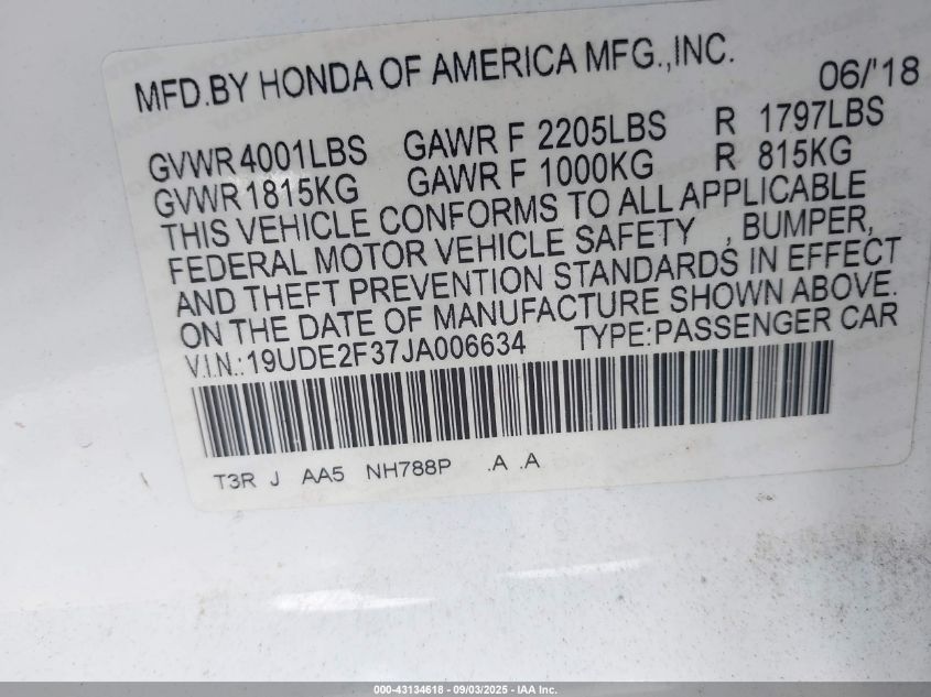 2018 Acura Ilx Acurawatch Plus Package VIN: 19UDE2F37JA006634 Lot: 43134618