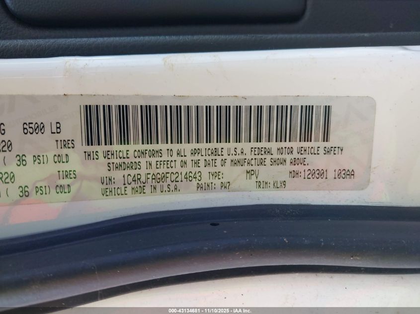 2015 Jeep Grand Cherokee Altitude VIN: 1C4RJFAG0FC214643 Lot: 43134681