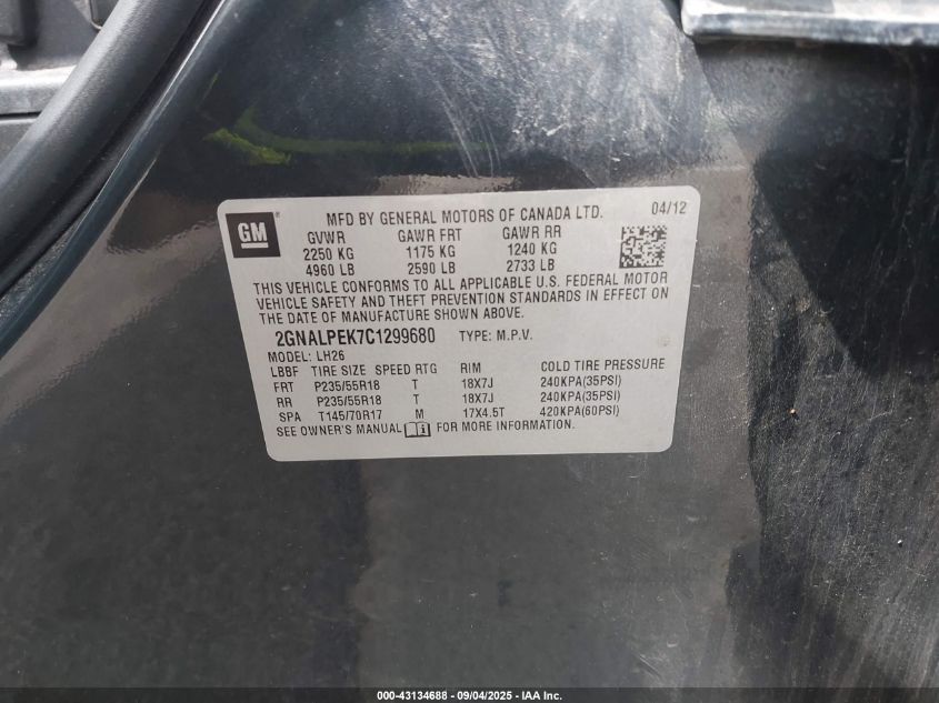 2012 Chevrolet Equinox 2Lt VIN: 2GNALPEK7C1299680 Lot: 43134688