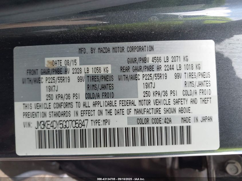 2016 Mazda Cx-5 Grand Touring VIN: JM3KE4DY5G0705847 Lot: 43134705