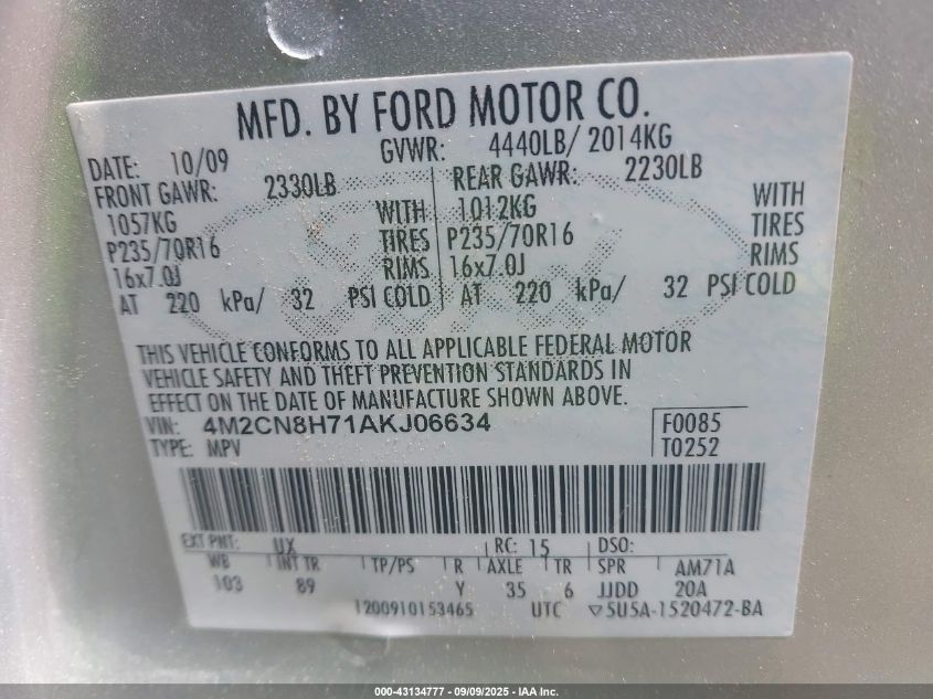 2010 Mercury Mariner Premier VIN: 4M2CN8H71AKJ06634 Lot: 43134777