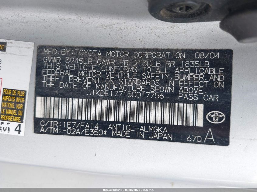 2005 Scion Tc VIN: JTKDE177150017756 Lot: 43135019