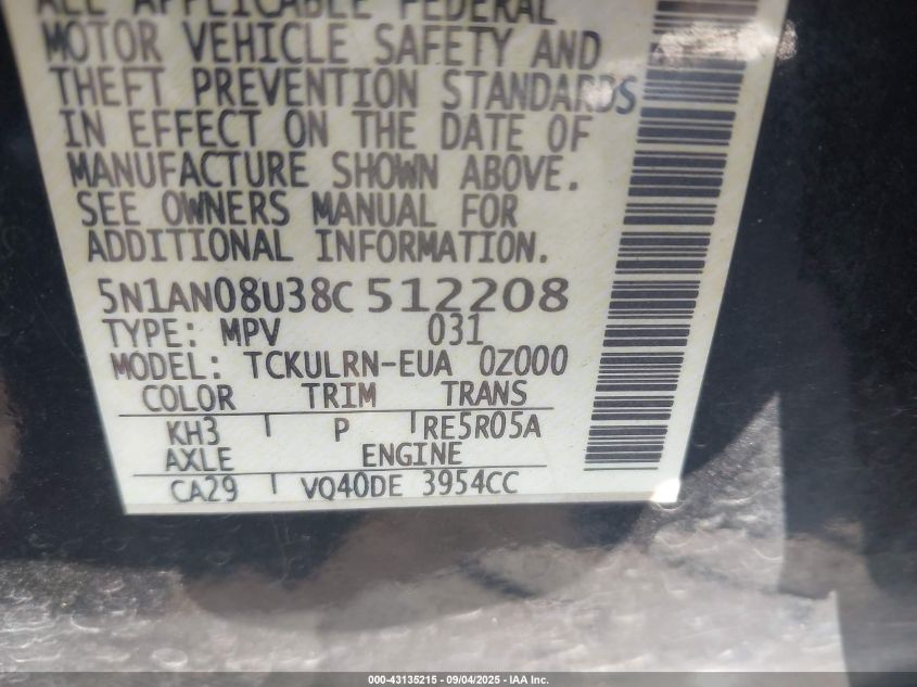 2008 Nissan Xterra S VIN: 5N1AN08U38C512208 Lot: 43135215